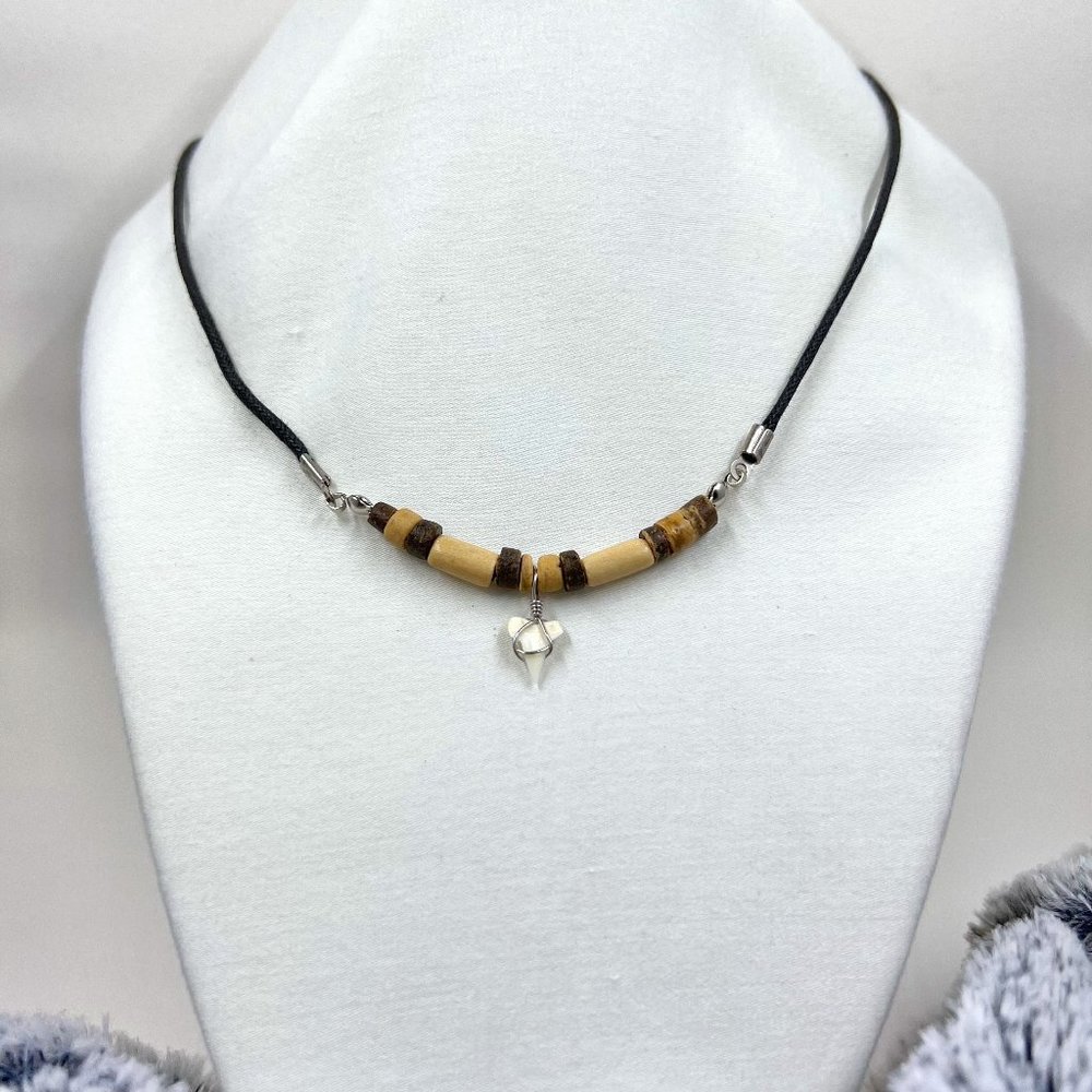Shark Tooth Pendant & Wood Bead 16” Cord Necklace